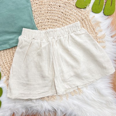 Conj. Regata com Flores Laterais e Short em Linho - Verde e Areia